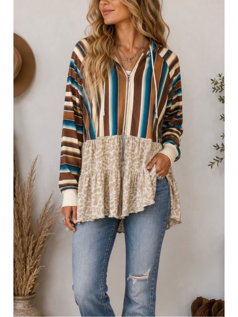 Crazy Train Hooded Tunic Top w/ front Zipper and Leopard Print Mesh ruffle
